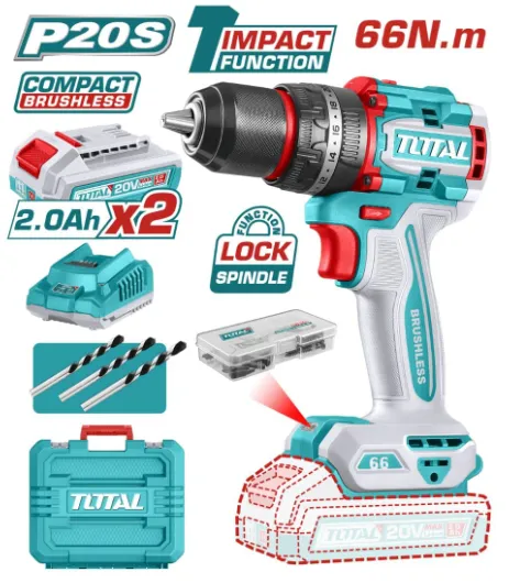 [TDLI20668] ATORNILLADOR BRUSHLESS 66NM 20V C/ CHUCK METÁLICO 13MM + 2 BATERÍAS DE 2 AMP + CARGADOR TOTAL TDLI20668