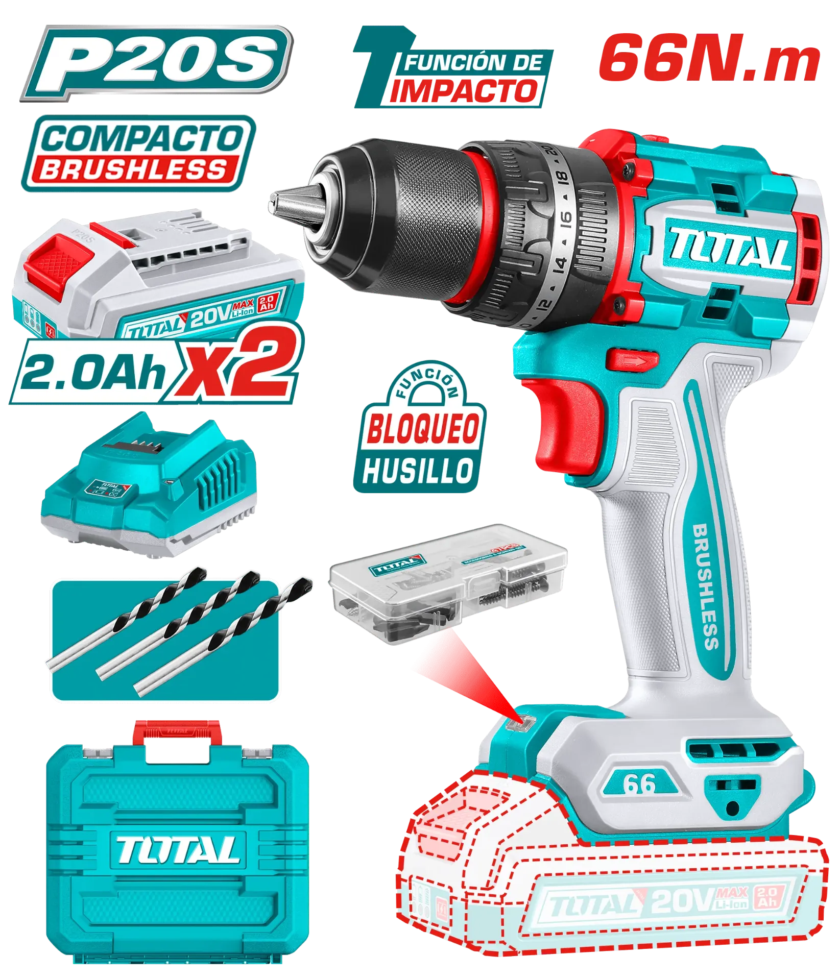 TALADRO ATORNILLADOR PERCUTOR BRUSHLESS 66N. M. 20V C/ CHUCK METÁLICO 13MM BATERIA 2AHX2+CARGADOR 2AH-TIDLI20668-TOTAL