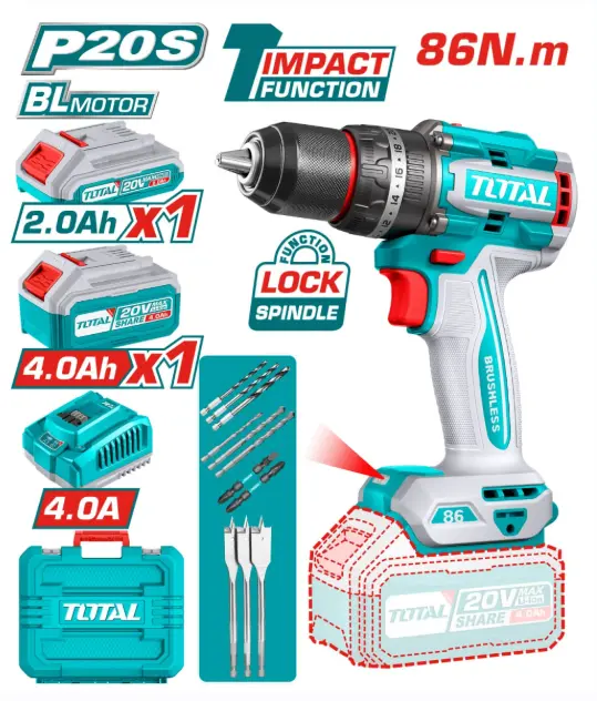 TALADRO PERCUTOR LI-ION 20V 86NM 13MM 2.AH + 4.0AH BRUSHLESS +ACC MAL TOTAL- TIDLI20868