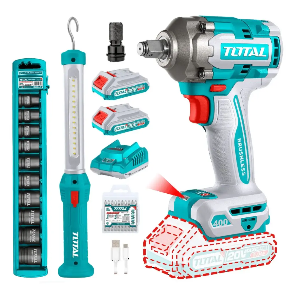 [TOSLI241182] MEGA COMBO LLAVE DE IMPACTO 1/2" + PULIDORA + PISTOLA DE CALOR DIGITAL 20V + LINTERNA