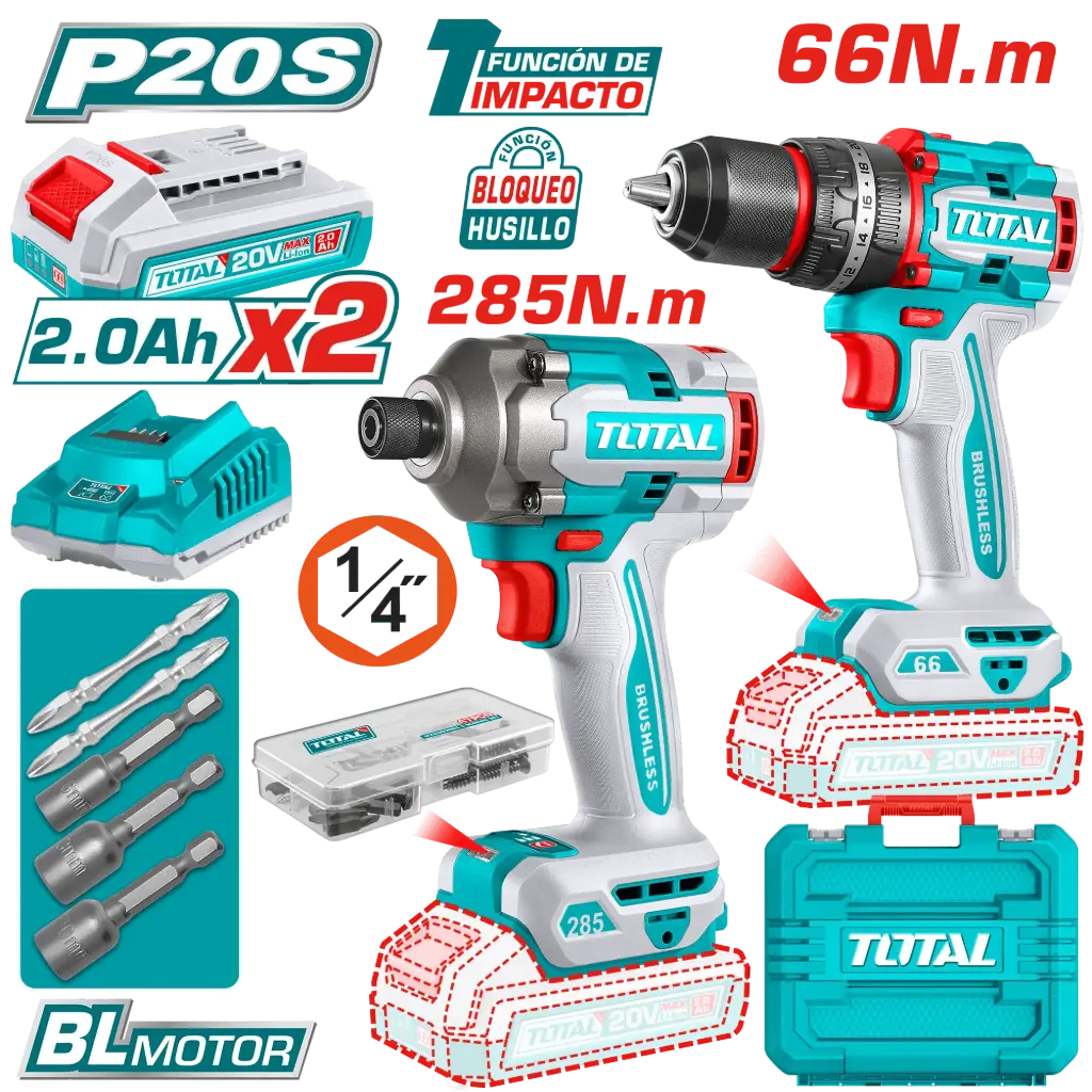 [TCKLI20277] COMBO 2 EN 1 TALADRO PERCUTOR 66 NM + ATORNILLADOR IMPACTO 285NM + 2 BATERIAS DE 2 AMP + CARGADOR + MALETIN INDUSTRIAL  20V TOTAL TCKLI20277