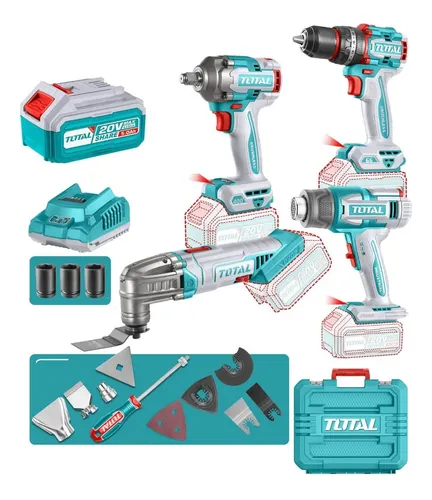 [TOSLI240969] MEGA COMBO TALADRO + LLAVE DE IMPACTO + OSCILADOR + PISTOLA DE CALOR  + 2 BATERIAS 5AH + CARGADOR + MALETA