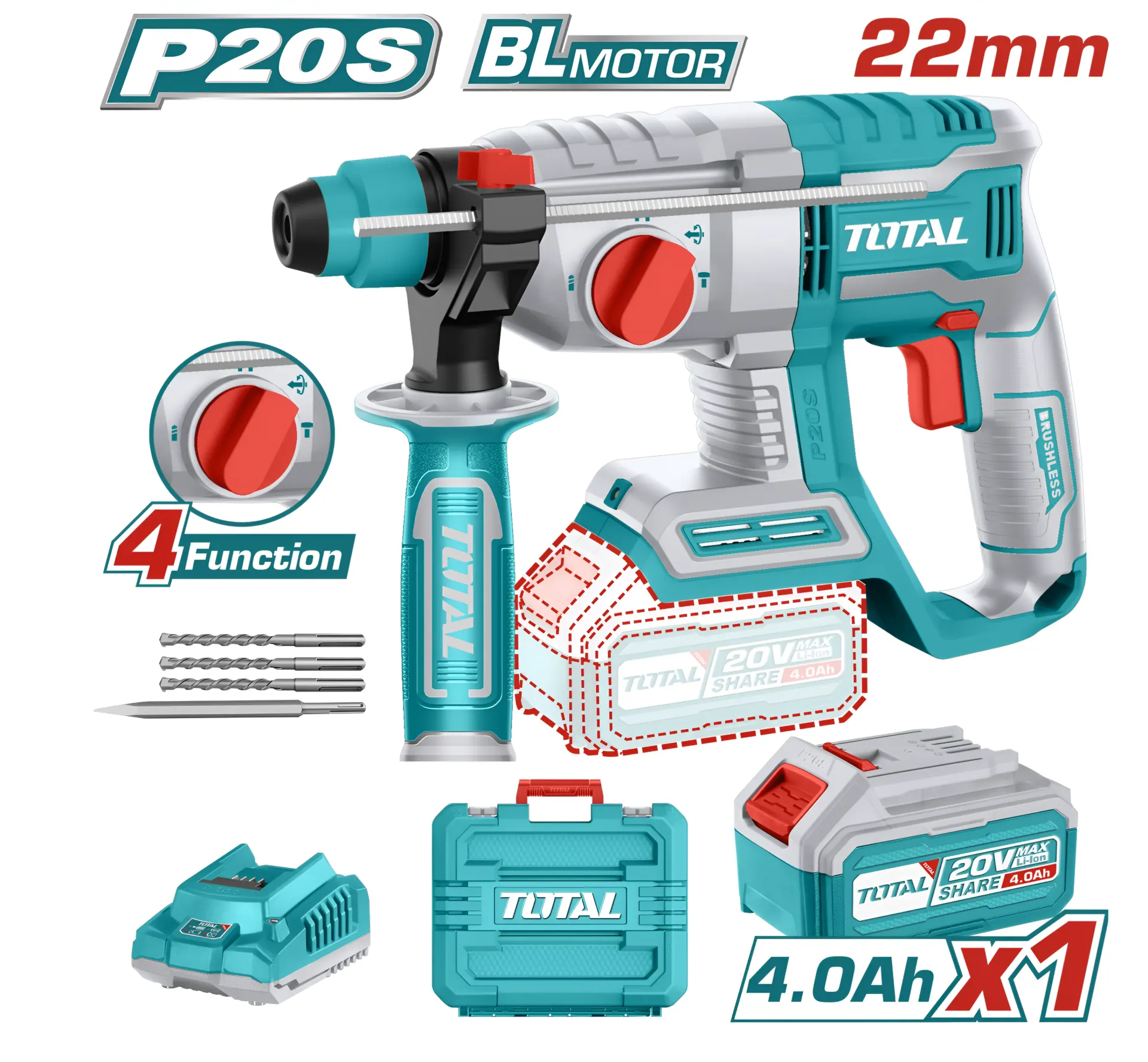 [TRHLI202081] ROTOMARTILLOS PLUS LIVIANO 20V EN MALETA-TRHLI202081- TOTAL