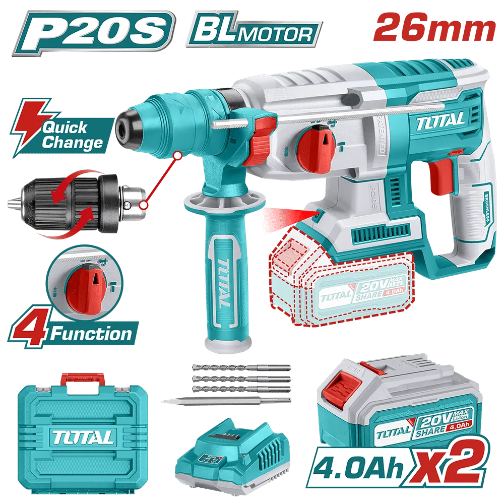[TRHLI202289] ROTOMARTILLO SDS+26MM 20V 2.5J 0-5000BPM+2X4.0AH 4FUNC-TRHLI202289-TOTAL