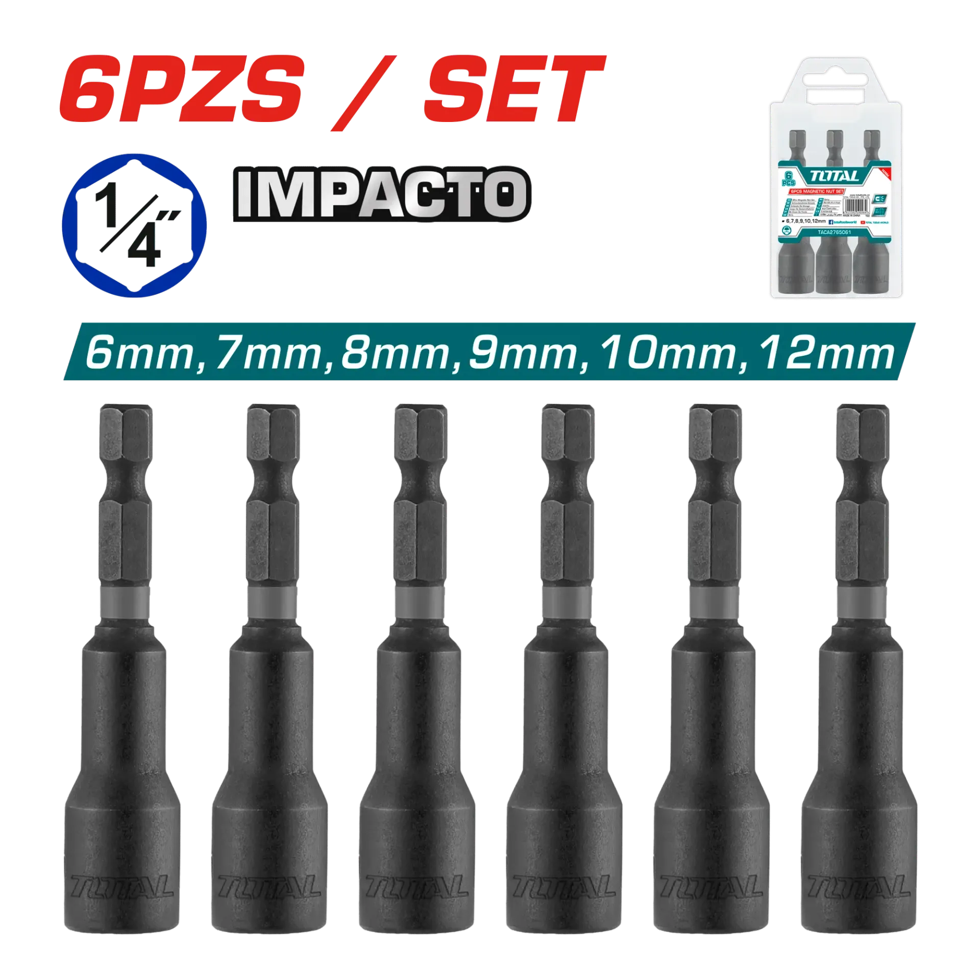[TAC2765061] SET DADOS MAGNÉTICO 1/4” HEX 6-12MM X65MM 6PZS-TAC2765061-TOTAL
