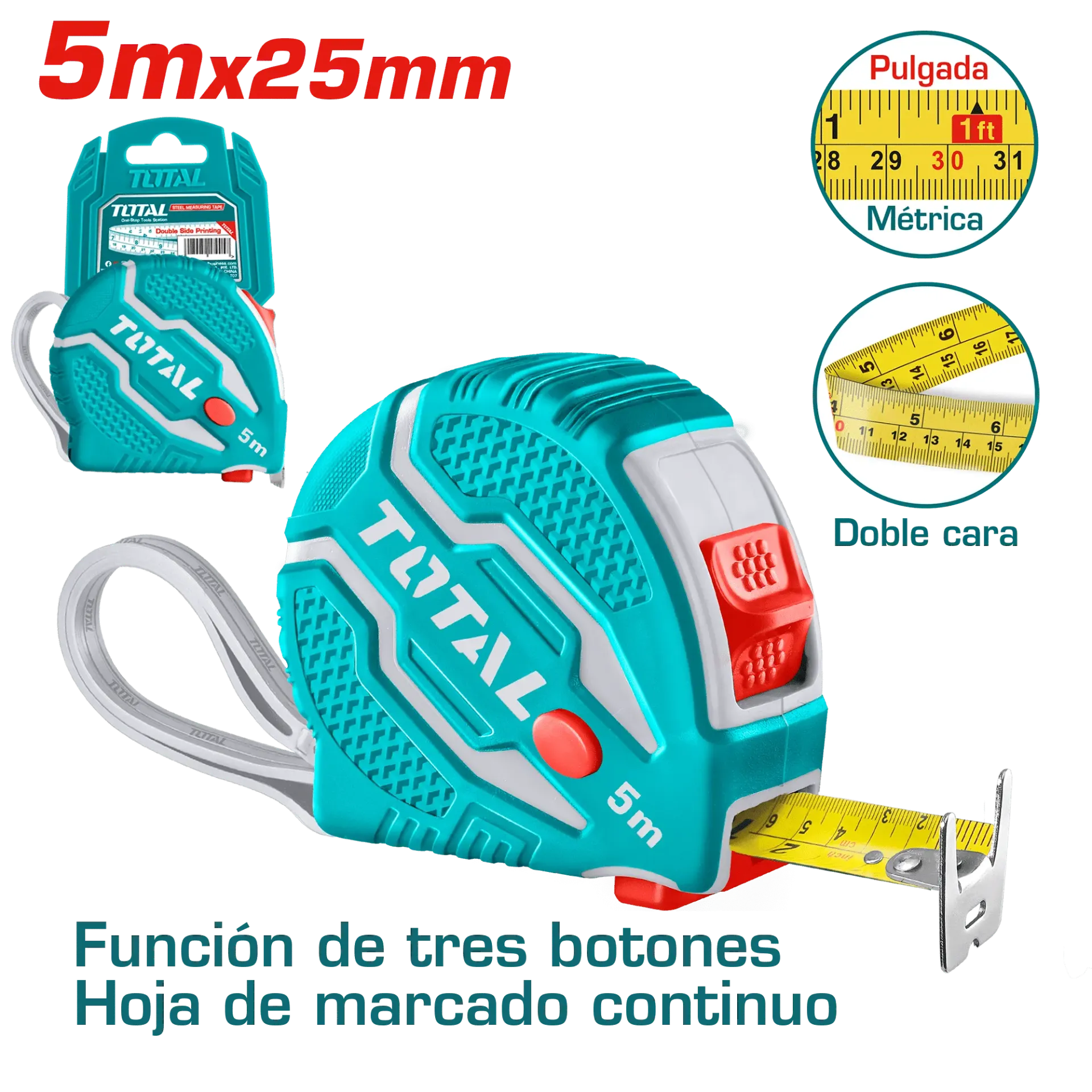 WINCHA DE ACERO/ABS 3 BOTONES DOBLE LADO  X 5mX25mm-TMT126052-TOTAL