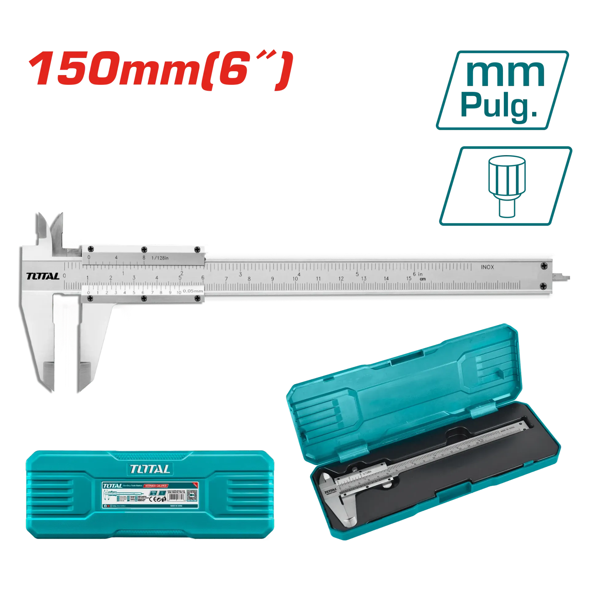 CALIBRADOR VERNIER 6" 150MM ACERO AL CARBON CON ESTUCHE-TMT311501-TOTAL