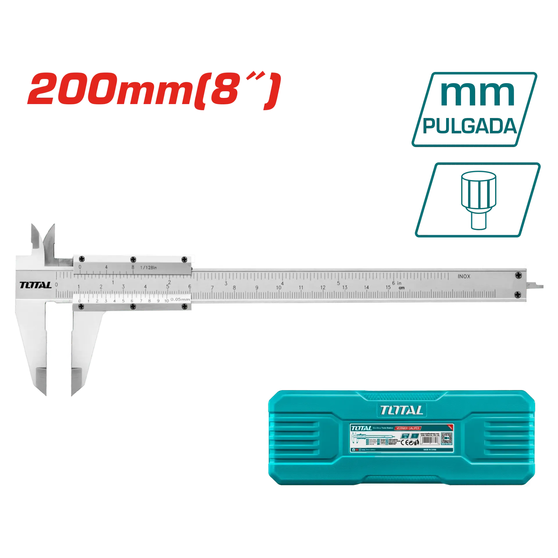 CALIBRADOR VERNIER 200MM (8”) DE ACERO AL CARBON+ESTUCHE-TMT312001-TOTAL