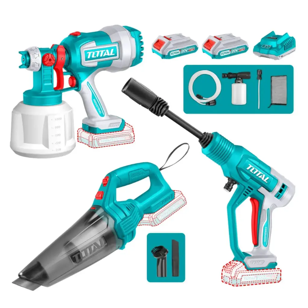 PISTOLA PARA PINTAR 20 V+LAVADORA+ASPIRADORA 20 V+2 BATERIAS DE 2 AH + CARGADOR + ACCESORIOS-TOSLI230522-TOTAL