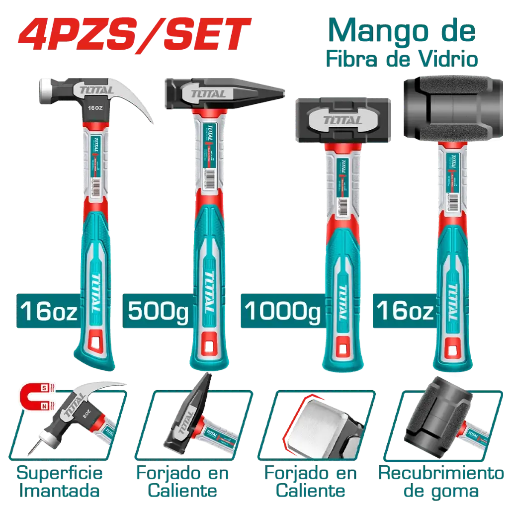 COMBO MARTILLOS C/MANGO FIBRA VIDRIO: UÑA 16OZ + MECANICO 500G + ALBAÑIL 1000G + GOMA 16OZ 