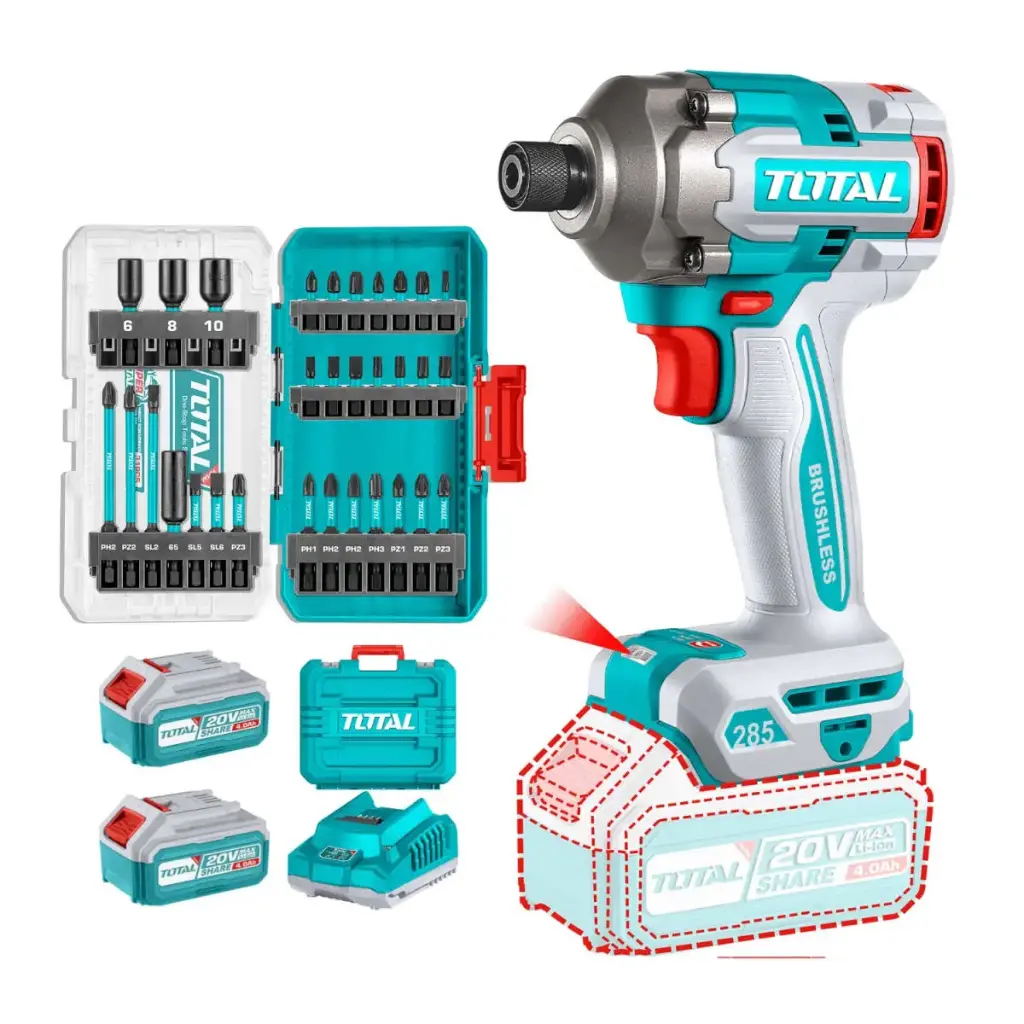 [TOSLI240966] ATORNILLADOR DE IMPACTO 285NM + SET DE PUNTAS 31PCS + 2 BATERIAS DE 4.0AH + CARGADOR EN MALETA TOTAL