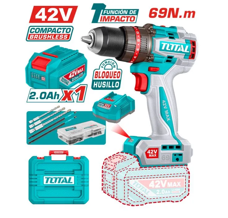 TALADRO PERCUTOR 69NM 42V+1 BATERÍA 2AMP+CARGADOR+ACC MALETIN-TIDLI426981-TOTAL
