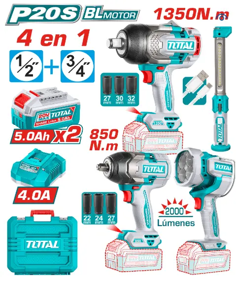 COMBO 4 EN 1 LLAVE IMPACTO 1350NM Y 850NM + LINTERNA 2000LM + LINTERNA TRABAJO 2X5.0AH + MALETIN INDUSTRIAL-TOSLI250782-TOTAL