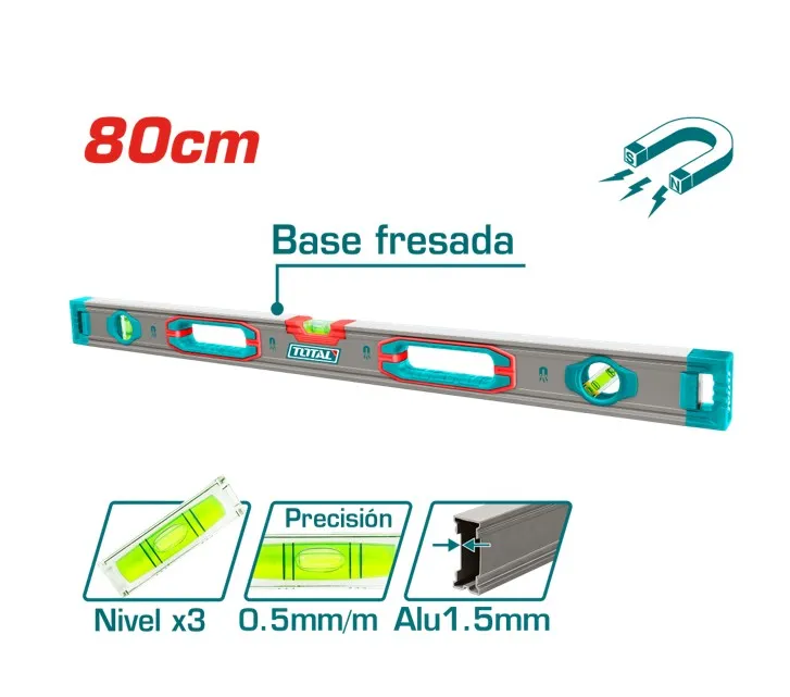 [TMT28028M] NIVEL MAGNÉTICO 80CM B:3 ALUMINIO 1.5MM PRES:0.5MM-TMT28028M-TOTAL