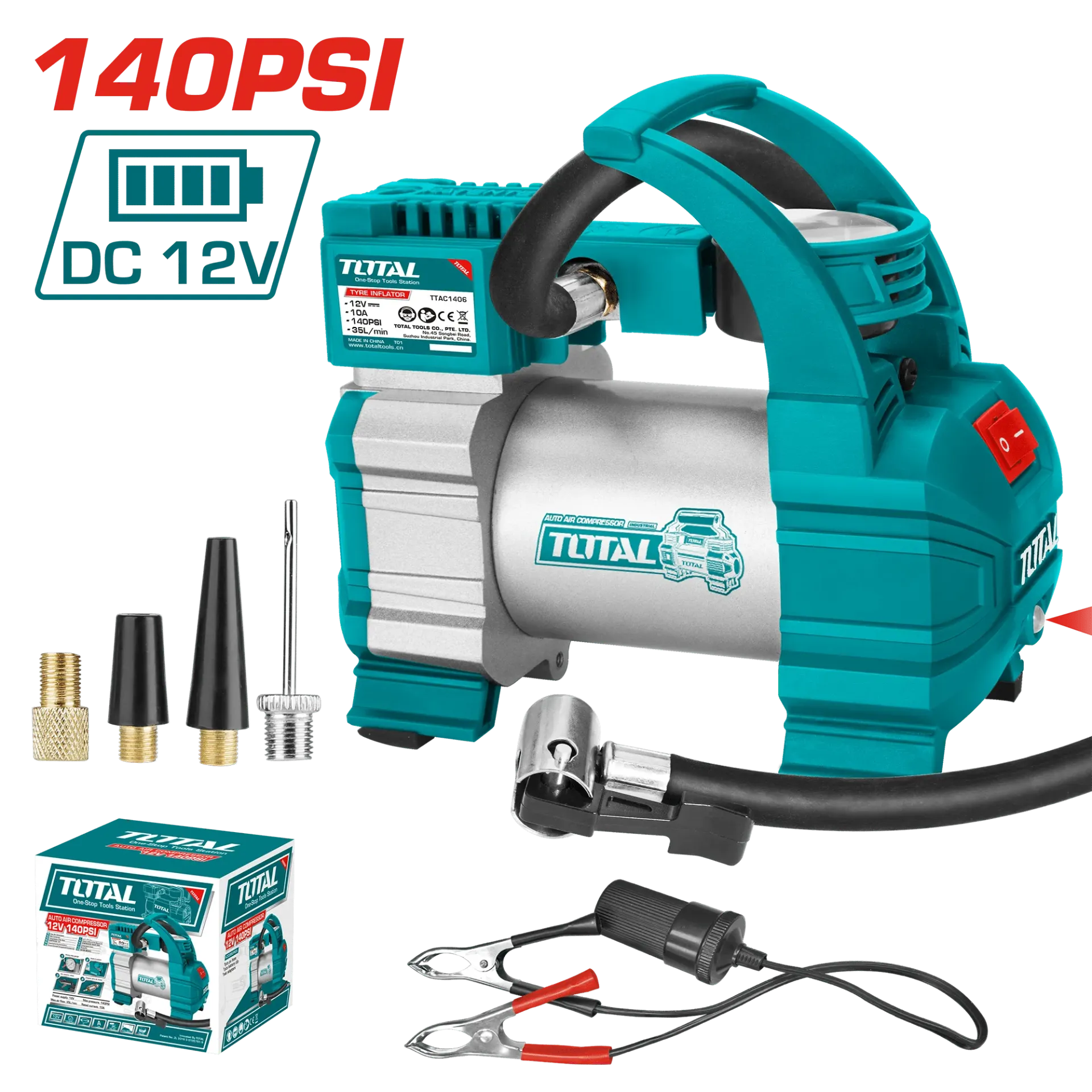 MINICOMPRESORA DC12V 140PSI 35L/MIN CON LED Y ACCESORIOS-TTAC1406-TOTAL