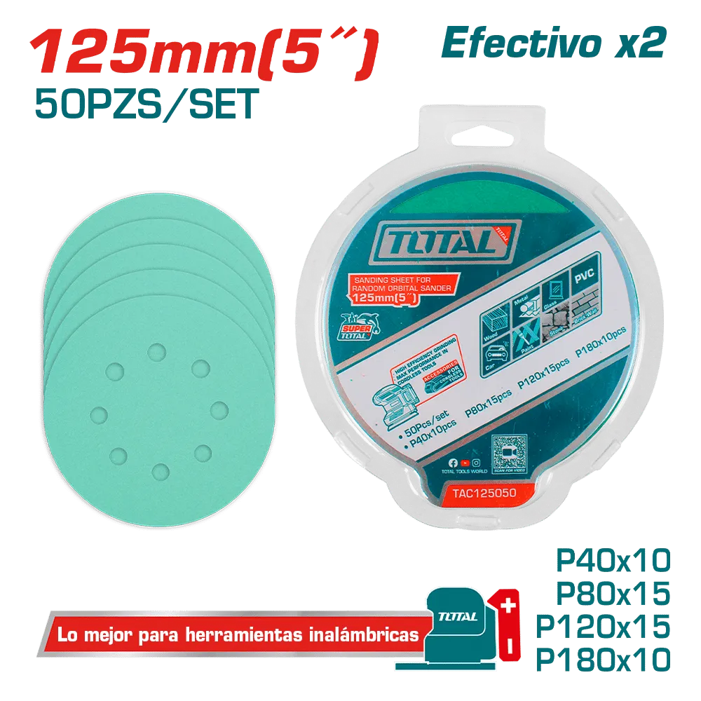 [TAC125050] SET DE LIJAS P40/P80/P120/P180 50PCS CIRCULAR 125MM INDUSTRIAL-TAC125050-TOTAL