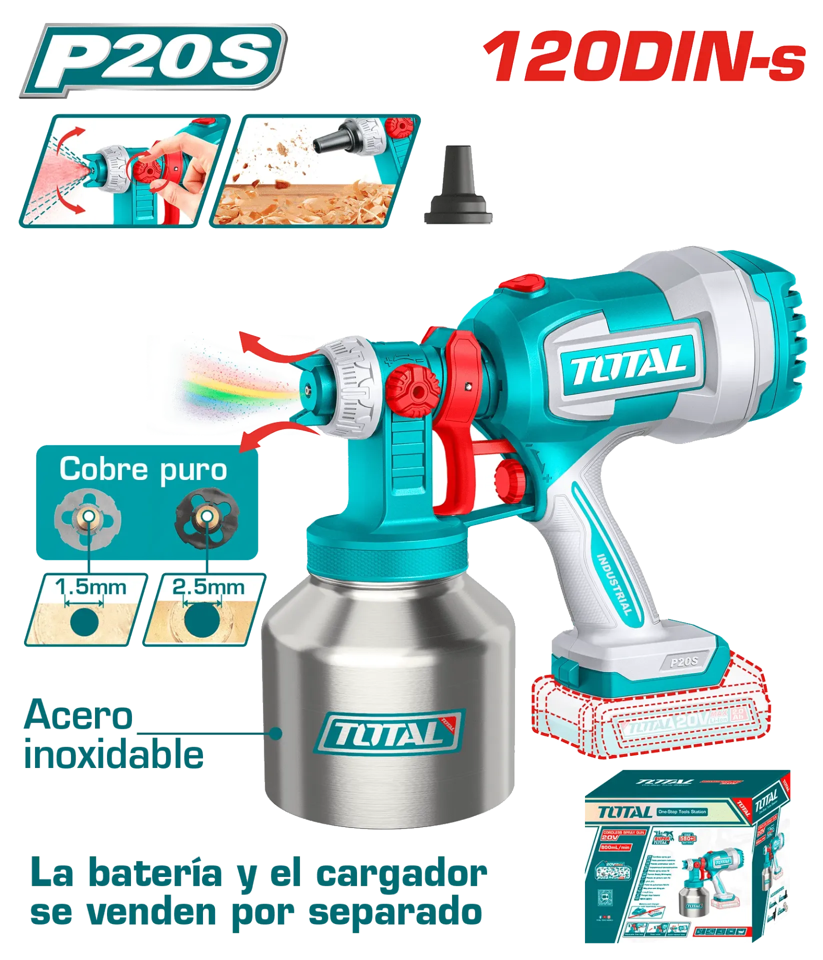 PISTOLA DE PINTAR 20 V 800ML/MIN 120DINS CAP:1000ML TANQUE METAL-TSGLI20041-TOTAL