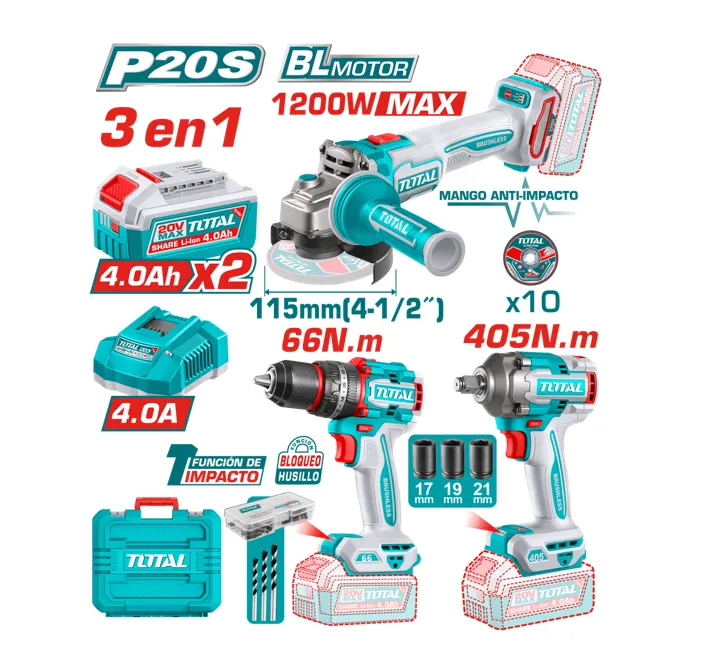 COMBO 3 EN 1 20V TALADRO 66NM + LLAVE 405NM + AMOLADORA 1200W 2X4.0AH + ACC MALETIN-TCKLI20358-TOTAL