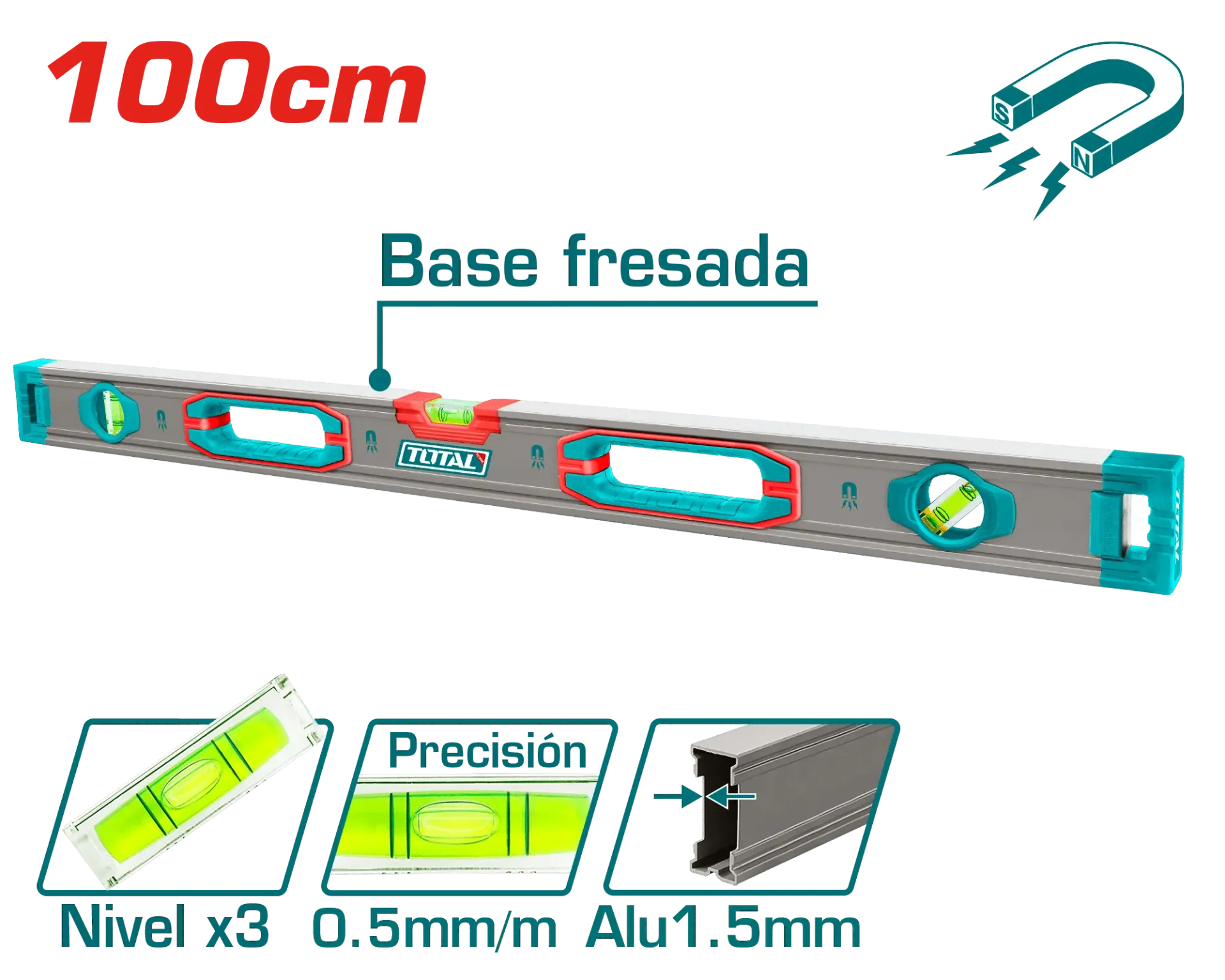 NIVEL BURBUJA 100CM B:3 ALUMINIO 1.5MM PRES:0.5MM MAGNETICO-TMT210028M-TOTAL
