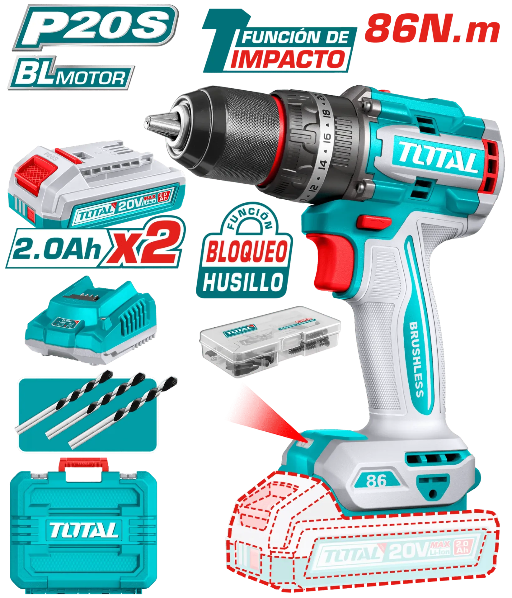 [TIDLI208687] TALADRO PERCUTOR 20V BL 86NM 13MM 22+1+1; 2 BATERIAS 2.0AH +ACC MALETIN INDUSTRIAL-TIDLI208687-TOTAL