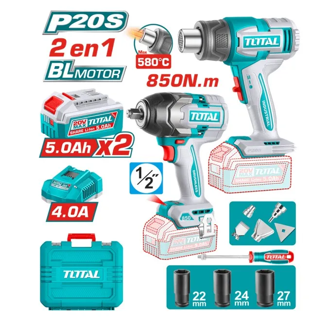 [TOSLI260381] COMBO (2 EN 1) LLAVE DE IMPACTO(850NM)+PISTOLA DE CALOR+2 BATERIA DE 5.0AH+ACC Y MALETIN INDUSTRIAL-TOSLI260381-TOTAL