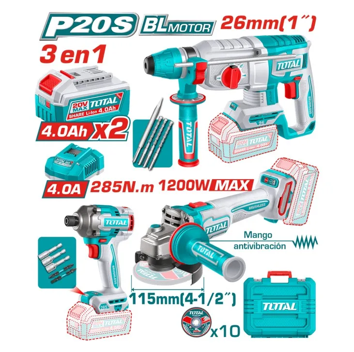[TOSLI260191] COMBO(3EN1)20V ROTOMARTILLO (26MM) + AMOLADORA (1200W) + ATORNILLADOR DE IMPACTO (285NM)+2 BATERIAS 4.0AH+ACC Y MALETIN INDUSTRIAL-TOSLI260191-TOTAL