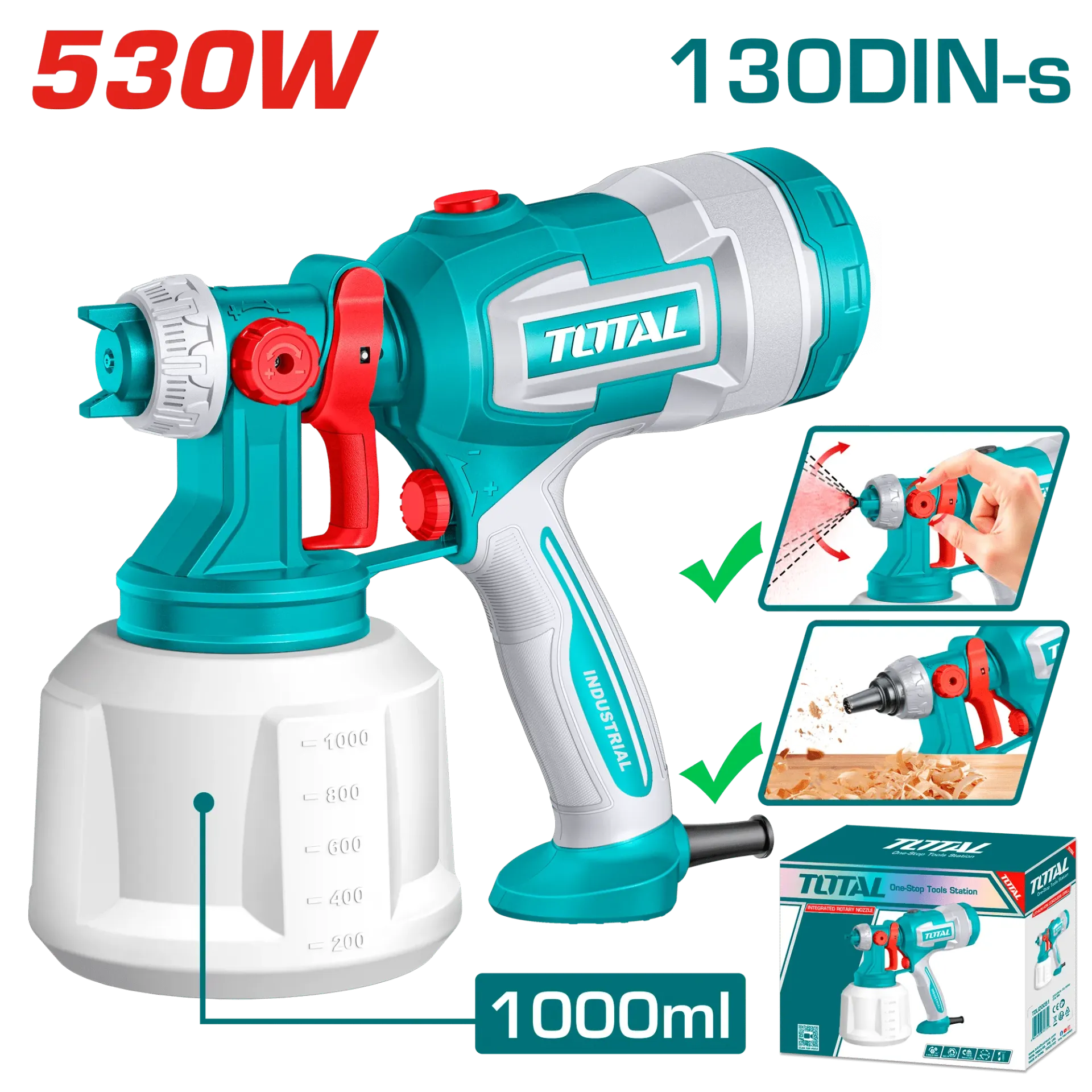 [TT4506] PISTOLA PARA PINTAR HVLP ELECTRICA 530W 130DIN-S 410ML/MIN 1000ML(VASO DE PLASTICO) INDUSTRIAL-TT4506-TOTAL
