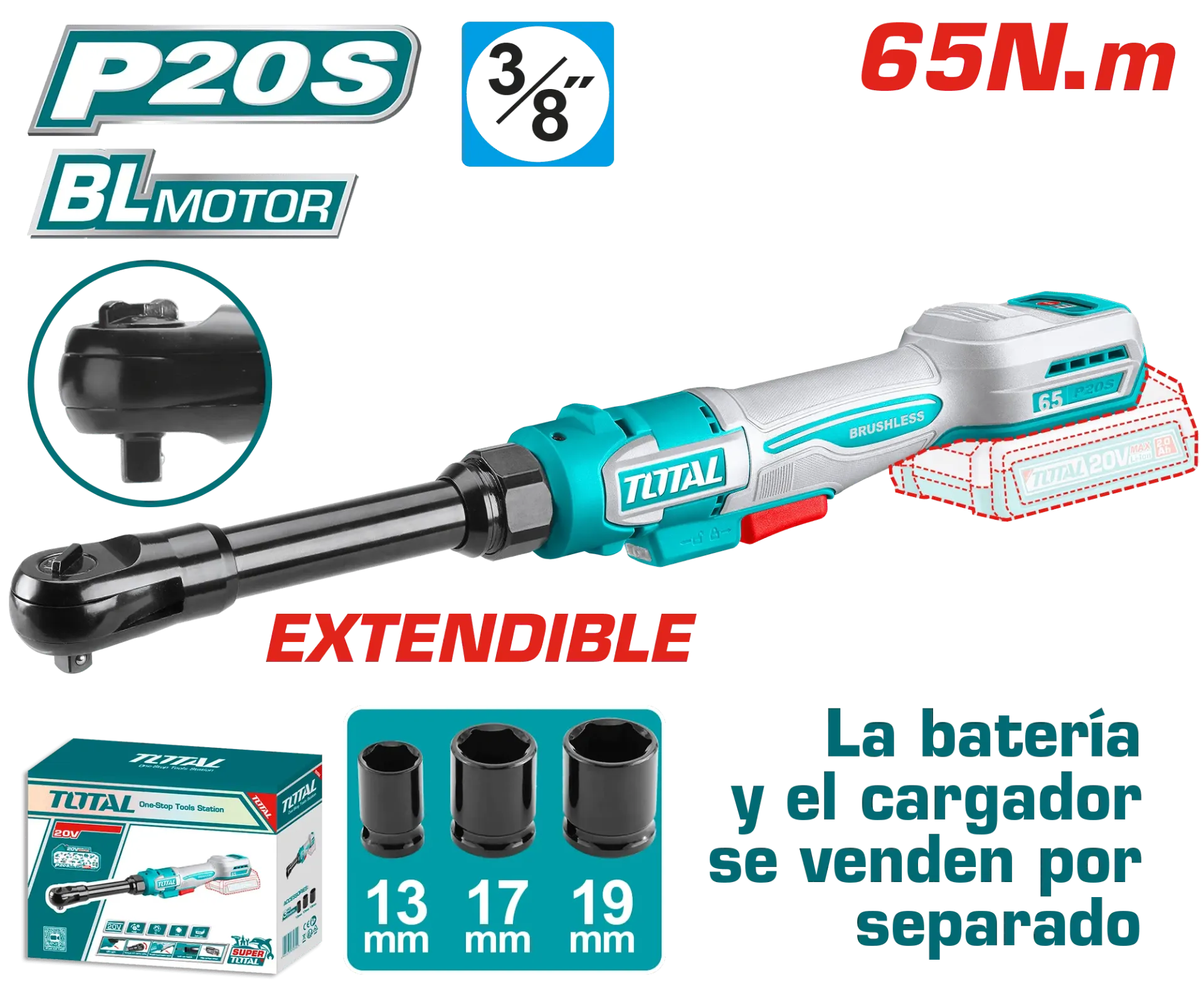[TDRLI206529] ATORNILLADOR RATCHET EXTENDIDO(SOLO CABEZAL)20V 65NM 3/8” 0-350RPM+ACC INDUSTRIAL-TDRLI206529-TOTAL