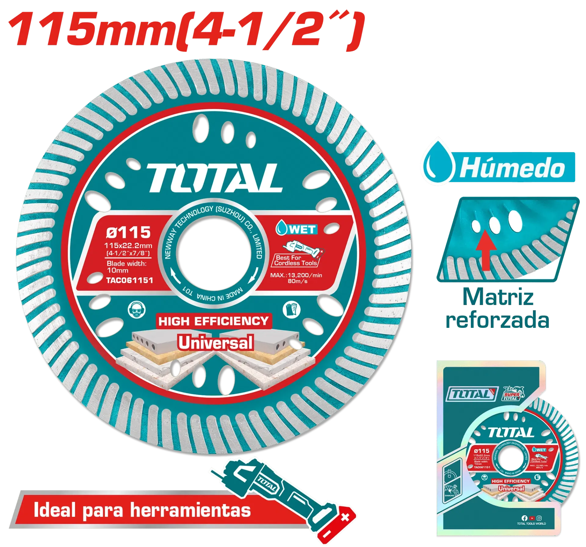 [TAC061151] DISCO DIAMANTADO ULTRA-DELGADO 4.5" 1.6MM 115MMX22.2MM 75CR1 HOJA:10MM INDUSTRIAL- TAC061151-TOTAL